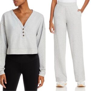 New Alo Gray Micro Waffle Pullover & Sweatpants Set XS/S Henley Wide Leg